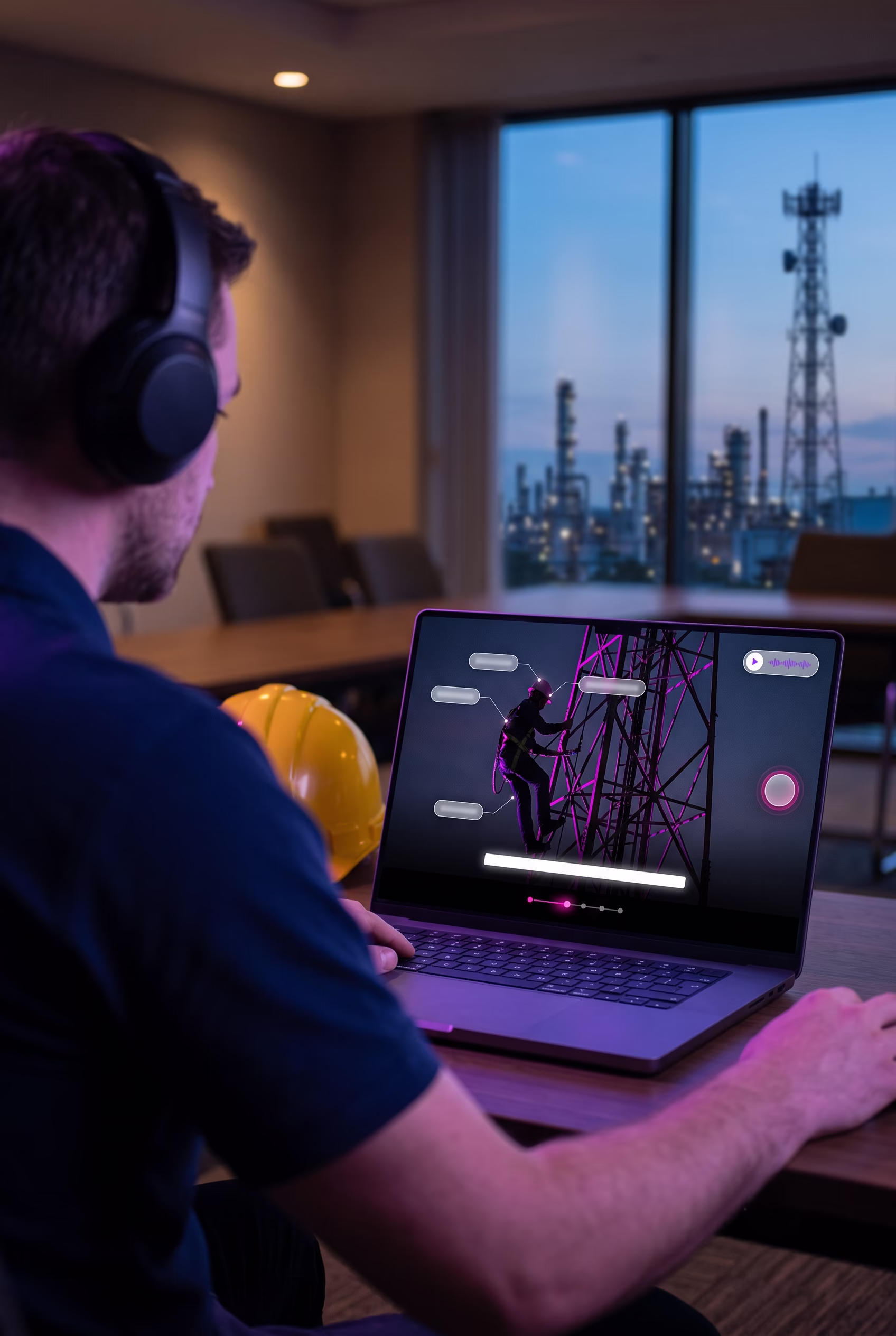 Trabajador con audífonos cursando una lección interactiva de AcademIA en su portátil, con la interfaz del curso brillando en magenta